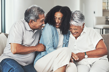 Image showing Love, happy family and senior parents with daughter laughing, playing and enjoy funny joke together. Holiday smile, vacation home and fun elderly mother, father and woman relax in house