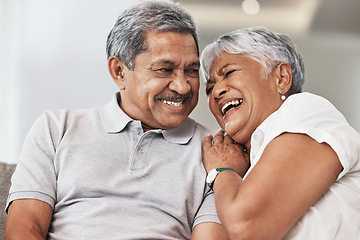 Image showing Love, relax and senior couple laughing at funny joke, enjoy quality time together or bond on home living room sofa. Retirement, smile and elderly man, woman or marriage people happy in house