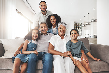 Image showing Love, house sofa and portrait of happy family bonding, relax and enjoy quality time together in living room. Holiday smile, happiness and youth children, parents and grandparents in vacation home