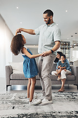 Image showing Love, family and father dancing with girl, lounge and happiness together with loving, mother and son on couch. Happy, father or daughter dance in living room, quality time or bonding for child growth