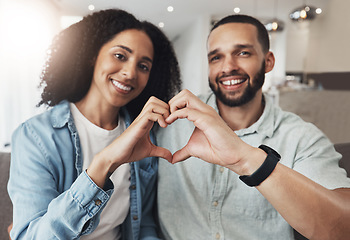 Image showing Love portrait, heart sign or happy couple enjoy quality time together, bonding or relax on home living room sofa. Happiness, emoji gesture and marriage people, man or woman smile in good health