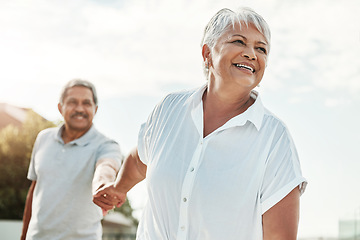 Image showing Senior couple holding hands in park for outdoor wellness, happy retirement and valentines love in Mexico. Mexican elderly woman with her partner walking together for nature support, care and fun