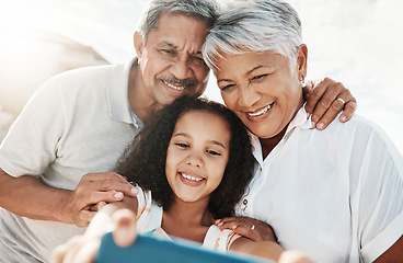 Image showing Grandparents, kid and bonding selfie in garden, nature park or backyard in family support, social media or profile picture. Smile, happy and child and retirement elderly, man or woman in photography