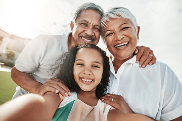 Image showing Grandparents, child or selfie portrait in garden pov, nature park or backyard in family bonding, social media or profile picture. Smile, happy or kid with retirement elderly, man or woman photograph