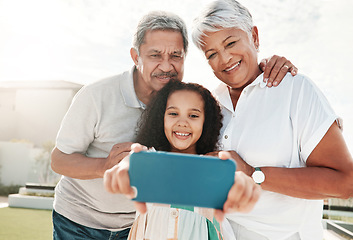 Image showing Grandparents, child and bonding selfie in garden, nature park or backyard in family support, social media or profile picture. Smile, happy and kid and retirement elderly, man or woman in photography