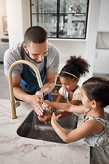 Image showing Love, father and girls washing hands, happiness and bonding together in kitchen, before cooking and hygiene. Family, dad and female children cleaning, happy and teaching kids at home loving and learn