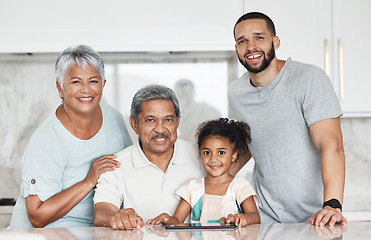 Image showing Portrait of grandparents, father and girl with tablet in kitchen smile for bonding, quality time and love. Big family, generation and happy child with digital tech smile with dad, grandma and grandpa