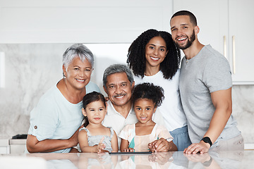 Image showing Big family, portrait and smile in a kitchen with grandparents, children and parents at home. Mom, kids and senior people together with happiness, love and parent care in a house feeling happy