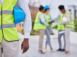 Image showing Construction worker team, man and helmet in mockup with planning vision, strategy or blueprint for property. Architect group, black woman and men with tablet, safety and collaboration for development