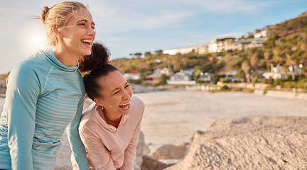 Image showing Woman, friends and fitness laughing at the beach for funny joke, meme or time together in the outdoors. Happy women enjoying exercise with laugh in humor for fun sports workout by the ocean coast