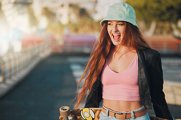 Image showing Smile, health and skateboard with woman in city for freedom, sports and relax lifestyle. Training, fitness and sunset with girl walking in urban town enjoying adventure, wellness and skating vacation