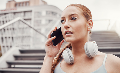 Image showing City, fitness and woman with phone call, communication and talking after exercise on stairs. Health, workout and personal trainer on smartphone, conversation and connect or network in sports training