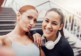 Image showing Fitness, portrait or friends in a happy selfie in training, exercise or workout in city with headphones. Runners, sports women or funny girls in partnership in a photo for social media app laughing