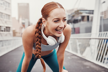 Image showing Fitness, sports and face of woman laugh in city with motivation, happiness and smile for health achievement. Running, exercise and happy girl in urban town for workout, wellness and marathon training