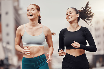 Image showing City fitness, friends and happy running for wellness, energy and outdoor exercise. Sports, healthy women and runner athletes training for cardio workout in urban street with freedom, power and smile