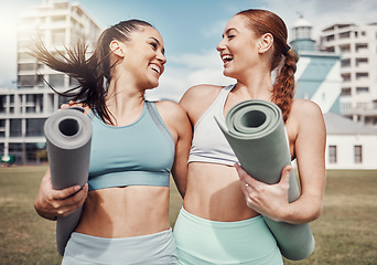 Image showing Yoga, fitness and laughing with woman friends in the park together for mental health exercise. Pilates, funny and training with a female yogi and friend outside on a grass field for a summer workout