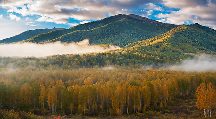 Image showing Panoramic picture of sunrise in Altai mountains