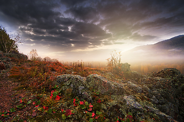 Image showing Misty sunrise in Altai mountains nature reserve