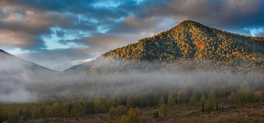 Image showing Panoramic picture of sunrise in Altai mountains