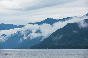 Image showing Foggy Teletskoye lake in Altai mountains