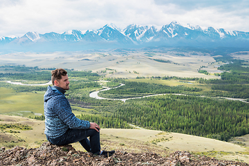 Image showing Relaxing man in Kurai steppe on North-Chui ridge