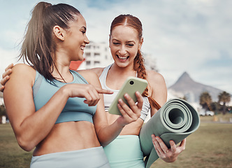 Image showing Yoga, fitness and social media with woman friends in the park together for mental health exercise. Exercise, phone and training with a female and friend outside on a grass field for a summer workout