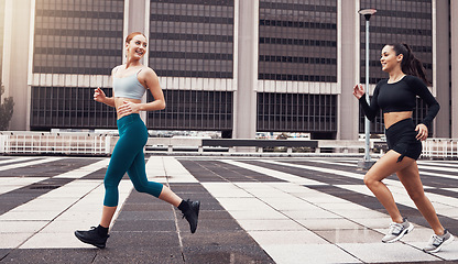 Image showing Women run in city, fitness and cardio outdoor with exercise friends and active lifestyle together. Sport, health with wellness and training, athlete running race with healthy people in California