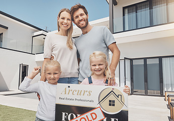 Image showing Real estate, sold and portrait of family with sign after buying property and homeowner advertising. Happy, showing and parents with children, board and beginning relocation to new home from realtor