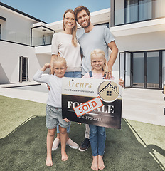 Image showing Real estate, sign and portrait of family with keys moving advertisement, property and homeowner. Happy, showing and parents with children, board and relocation after buying a new home from realtor