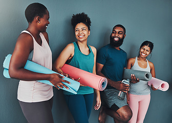 Image showing Yoga, talking friends and wall of pilates class in a gym with a exercise and training break. Conversation, wellness and communication of black people together ready for zen, balance and relax