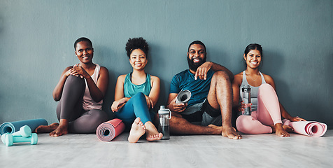 Image showing Yoga, fitness portrait and black people happy at pilates class in gym with a exercise and training break. Lounge, wellness and peace of friends on floor ready for zen, balance and relax by wall