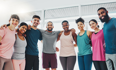 Image showing Fitness, gym and portrait of people for yoga, pilates class and excited for workout, exercise and training. Sports club, diversity and group of happy friends smile for wellness, goals and body health