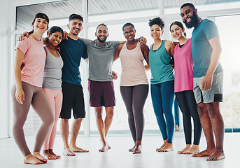 Image showing Fitness, yoga and portrait of people in class excited for pilates workout, exercise and training in gym. Sports club, diversity and group of happy friends smile for wellness, goals and healthy body