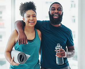 Image showing Portrait, yoga and a couple of friends in a gym for fitness while laughing at a joke or being funny together. Happy, excited and joy with yogi black people joking indoor during a wellness workout
