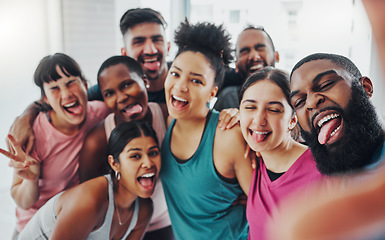 Image showing Yoga, fitness and selfie portrait of friends excited for workout, exercise goal and training in gym. Sports club, social media and funny, crazy and happy group for motivation, smile and pilates class