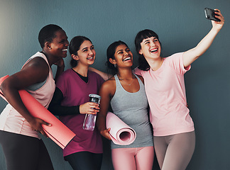 Image showing Fitness, gym and women with phone for selfie excited for workout, exercise goals and training. Sports club, diversity and happy girls with smartphone smile for healthy body, yoga and pilates class