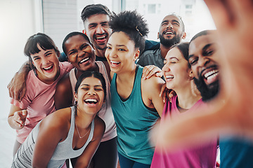 Image showing Fitness, gym and selfie of friends in yoga class excited for workout, exercise and training together. Sports club, diversity and portrait of happy people smile for wellness, health goals and pilates