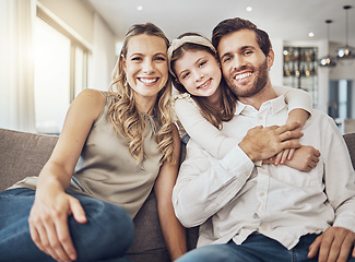 Image showing Portrait, mother or father hugging a girl to relax as a happy family in living room bonding in Australia with love or care. Trust, embrace or parents smile with kid enjoying quality time on a holiday