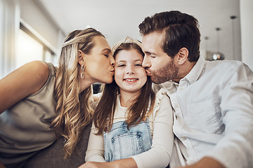 Image showing Portrait, mother or father kiss a girl or child as a happy family in living room bonding in Australia with love or care. Relax, trust or parents smile with kid enjoying quality time on a fun holiday