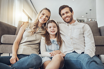 Image showing Portrait, mother or father with a kid to relax as a happy family in living room bonding in Australia with love or care. Hugging, trust or parent smile with girl enjoying quality time on a fun holiday