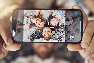 Image showing Portrait, phone or parents with a girl on a selfie screen as a happy family on living room carpet in Australia. Mother, father or child relaxing with a smile love bonding time or taking pictures