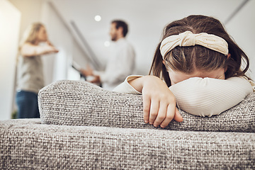 Image showing Sad little girl, sofa and parents in fight, conflict or disagreement in the living room at home. Family, divorce and husband in argument with wife and crying child on lounge couch in depression