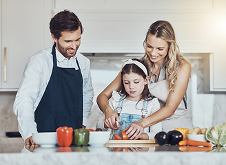 Image showing Learning, parents or child cooking vegetables as a happy family in a house kitchen with organic food for dinner. Development, father or mom teaching, helping or cutting tomato with a healthy girl