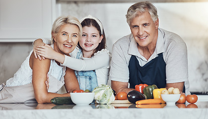 Image showing Portrait, grandparents or girl cooking as a happy family in a house kitchen with organic vegetables for dinner. Grandmother, old man and young child bonding or helping with healthy vegan food diet