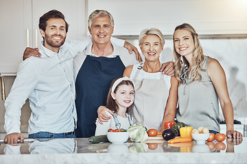 Image showing Love, kitchen portrait and big family cooking, bonding and enjoy quality time together in Sydney Australia. Holiday vacation, food ingredients and happy reunion of children, parents and grandparents