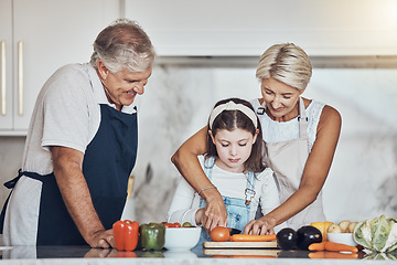 Image showing Learning, grandparents or girl cooking or cutting carrots as a family in a house kitchen with organic vegetables for dinner. Grandmother or old man helping or teaching child a healthy vegan food diet