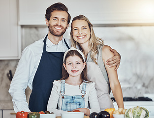 Image showing Portrait, parents or girl cooking as a happy family in a house kitchen with organic vegetables in vegan dinner. Mother, father or child love to bond or helping with healthy food diet for development