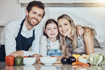 Image showing Portrait, smile or girl cooking as a happy family in a house kitchen with organic vegetables in vegan dinner. Mother, father or child love to bond or helping with healthy food diet for development