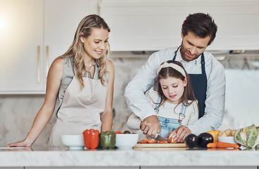 Image showing Learning, parents or girl cooking or cutting vegetables as a happy family in a kitchen with organic food for dinner. Development, father or mother teaching or helping chop tomato with a healthy child