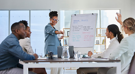 Image showing Business presentation, black woman leader and office training with teamwork and staff question. Management, conference room and sales team working with manager to problem solve for company strategy